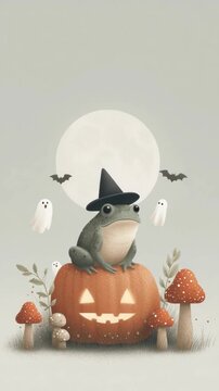 Illustration of a cute green frog wearing a witch's hat sitting on a glowing carved jack-o'-lantern with bats and white ghosts. Pastel colors, minimalist style, friendly childish style, Halloween cele