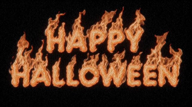 Animation of the text HAPPY HALLOWEEN in capital letters burning with fire on a black background. An eerie, ominous atmosphere. Video template, screensaver
