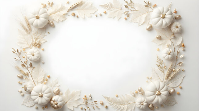 Elegant white pumpkin frame with dried flowers and autumn foliage on a soft neutral background for fall