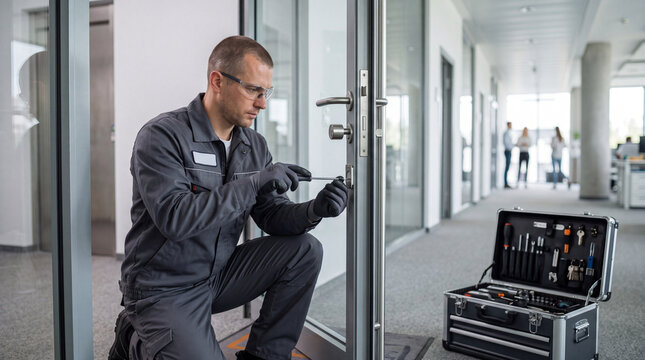 A man in a grey uniform is working on a glass office door lock with a screwdriver, next to a toolbox. Door repair service, professional maintenance, professional locksmith, office technician.
