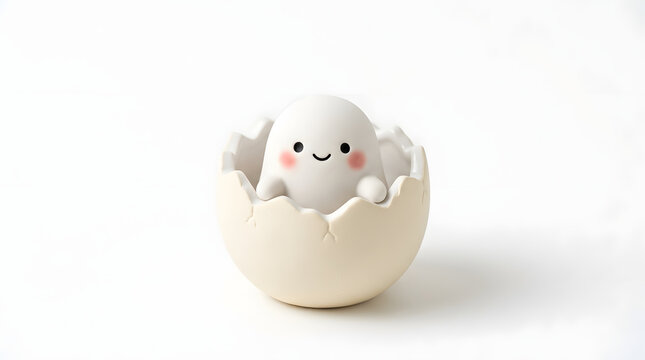 Cute hatching chick toy in cracked egg, adorable baby bird figurine, smiling chicken character, Easter holiday decoration, minimalist white clay animal sculpture