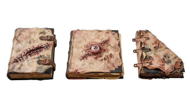Spooky halloween themed grimoire with creepy eye and stitched cover for seasonal decor and storytelling