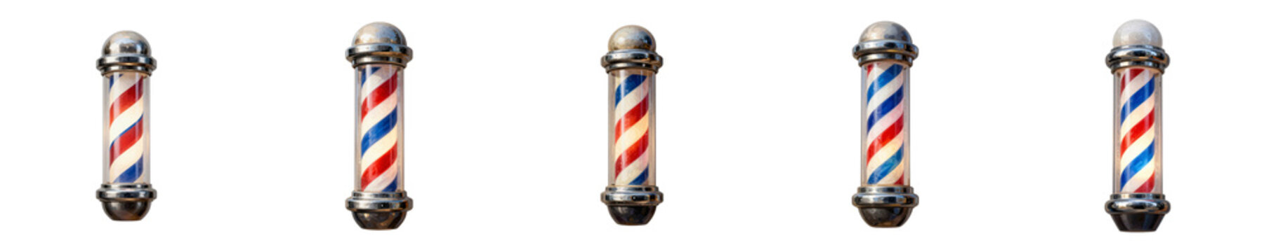 Multiple barber poles stand in a row against a black background