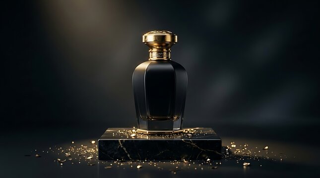 Golden award statue on a pedestal illuminated by dramatic spotlights in darkness