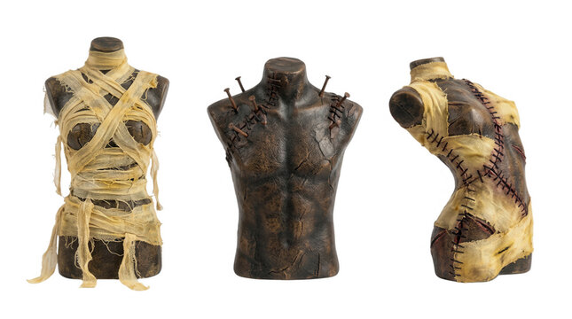 Unique halloween decorations featuring creative mannequin figures wrapped and stitched for spooky festivities