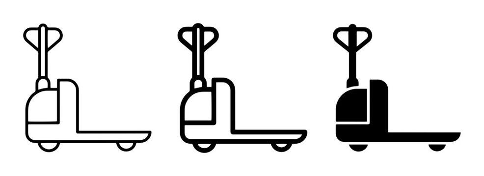 3 pallet jack icons, manual forklift, hand truck, logistics and warehouse equipment, outline and solid styles, UI and web interface design