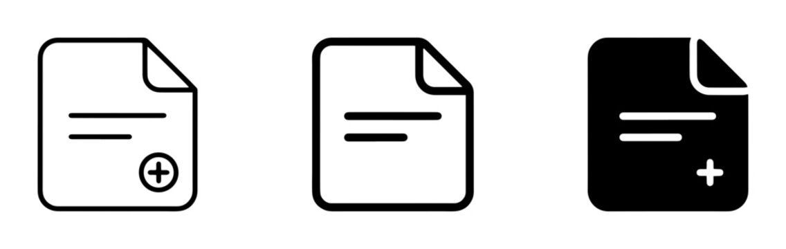 3 Document icons with plus sign, outline and solid styles, UI and web interface design