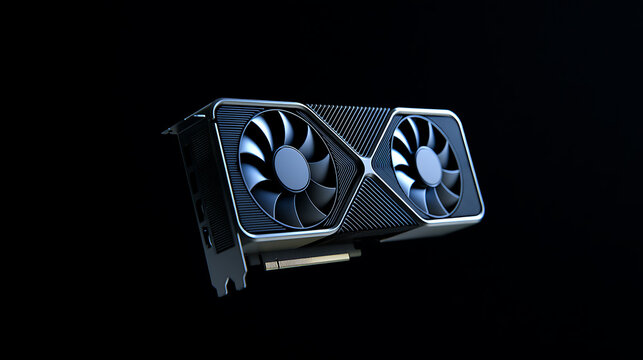 Modern graphics processing unit with dual cooling fans isolated on dark background, powerful computer hardware component for gaming system