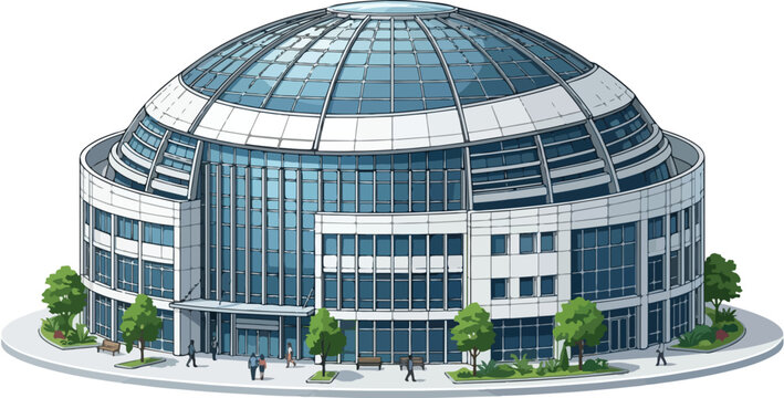 Modern dome building standing on urban plaza surrounded by small trees