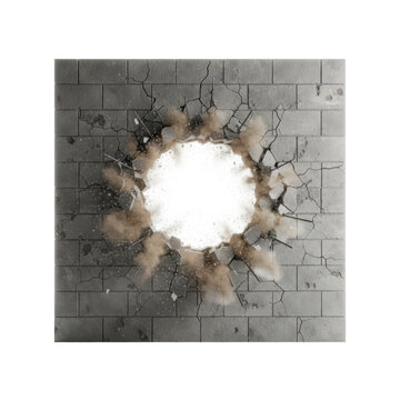 Old, weathered, dull gray cinder block wall with a jagged circular hole blasted through, debris and dust frozen mid-air against a transparent background, dramatic cinematic light. Concept of forceful