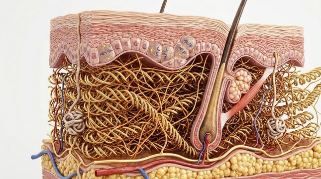 Detailed anatomy of human skin, showcasing dermis filled with golden metallic triple helix spirals of collagen, rubber band mesh, elastin fibers, dividing basal cells, sebaceous glands, hair follicle.