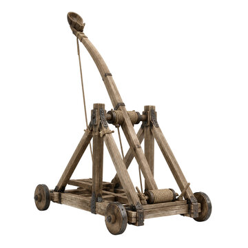 Ancient wooden ballista siege engine with heavy rope and iron bolts isolated on transparent background PNG element