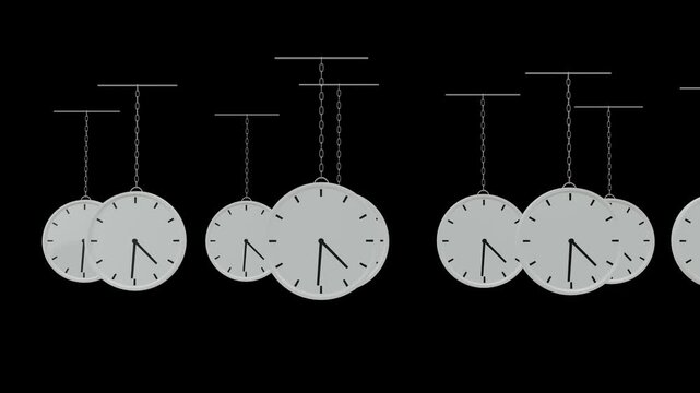Smooth looping animation of multiple swinging analog clocks suspended with camera moving on vertical chains isolated on dark background