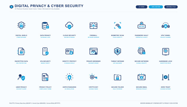 Collection of digital privacy and cybersecurity icons for safe online practices and data protection