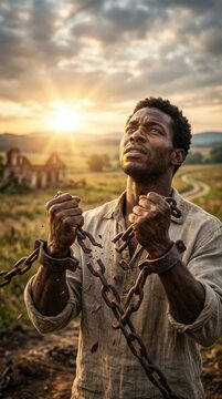 African american slave man breaking heavy metal chains, shattering rusty iron shackles, achieving personal freedom from historical slavery, standing in a rural field under a bright sunset sky.