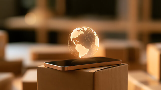 A glowing holographic globe floating above a smartphone placed on top of a cardboard box in a warehouse setting representing global commerce