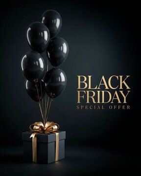 Elegant black friday sale advertisement with gift box and balloons