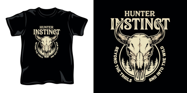 Hunter instinct bull skull vintage badge design on black t shirt mock up and black background.