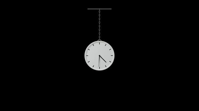 Silver timepiece swinging on vertical chain motion loop on dark background