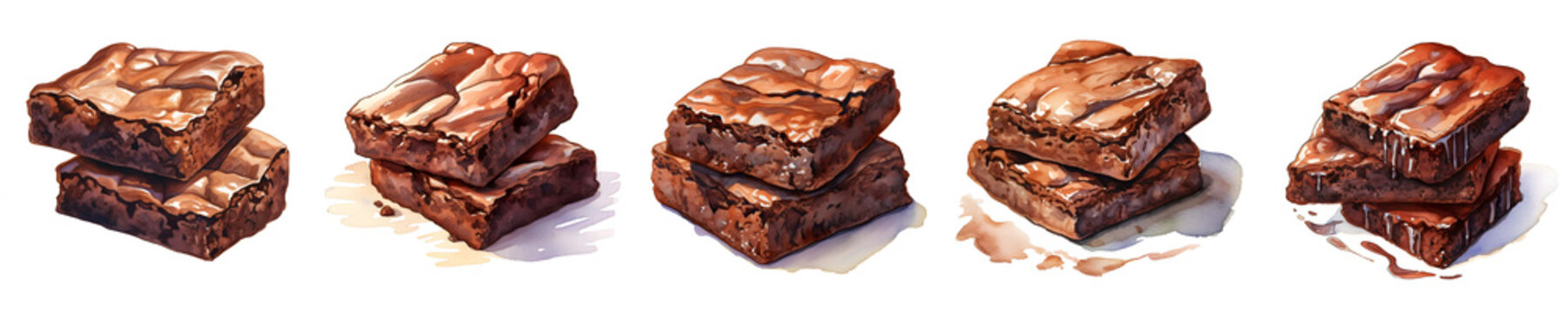Watercolor painting of several stacks of fudge brownies on a black background in a row