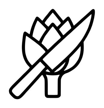 Hand-drawn vector icon of fresh artichoke vegetable with kitchen knife, clean black outline illustration on white background, perfect for cooking, recipes, Mediterranean cuisine, and healthy eating