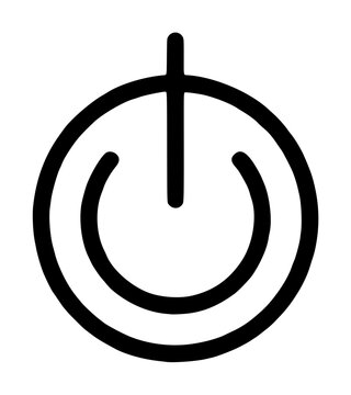 Bold black hand-traced power button vector icon, clean circular control symbol, isolated line illustration for interfaces, devices, energy, and modern graphic design