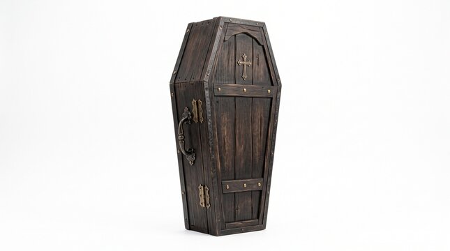 Vintage wooden coffin with cross standing on white background