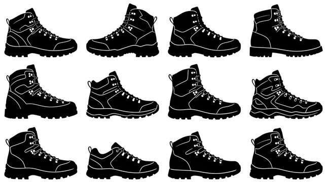 Grid Set of Heavy-Duty Outdoor Hiking Boot Silhouettes on White Background