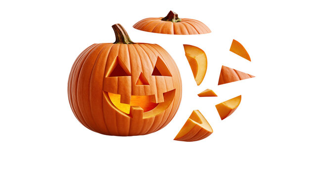 Carved halloween jack o lantern with floating orange pieces isolated on transparent background PNG element
