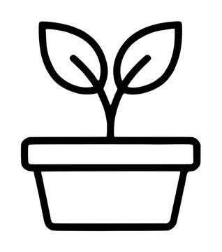 Minimalist line art vector icon of a plant propagator box with growing seedling, two leaves emerging from rectangular pot container, clean black outline on white background, botanical gardening