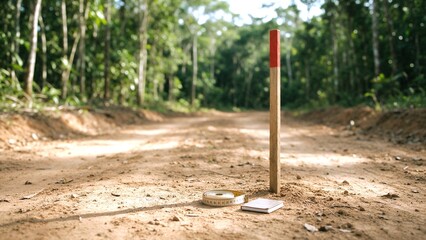 Obraz premium Marked wooden stake anchors sandy forest road near measuring tape and small notebook. Rural woodland setting feels tranquil, with survey marker suggesting field measurement and route documentation.