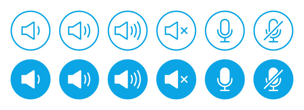 Volume control icon set, Speaker and microphone mute symbols for audio interface.