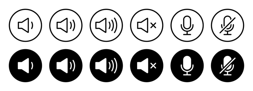 Volume control icon set, Speaker sound level and microphone mute symbols in outline and solid circular styles for audio, video and media players user interface design.