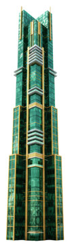 Towering, ultra-modern skyscraper with a narrow profile, clad in reflective emerald green and gold glass, tiered architecture, on a minimalist base against a white background with copy space Concept