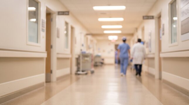 Blurred hospital corridor with medical staff walking down the hallway