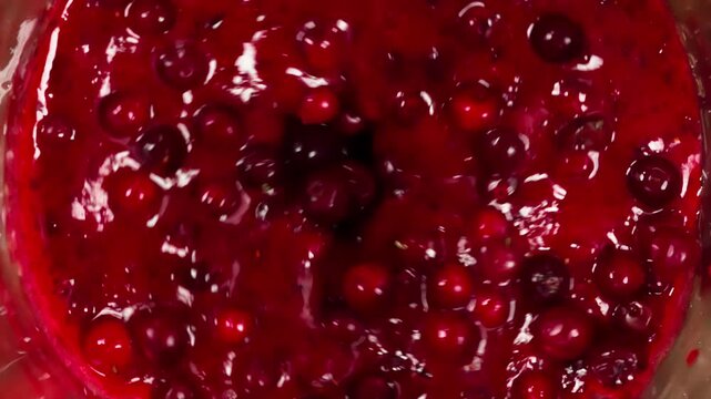 Preparation of Jam from the Scarlet Berry. Grinded berry mass mixed with whole berries circulates in the whirlpool of a working blender