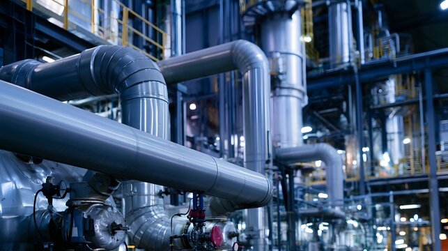 Industrial piping network inside a large scale processing facility with metallic conduits and structural supports under lighting