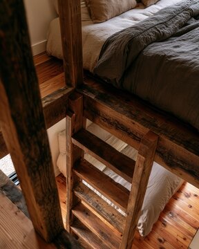 Rustic wooden bunk bed with natural light