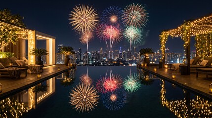 Obraz premium Rooftop Infinity Pool Overlooking City Skyline During Fireworks Display at Night