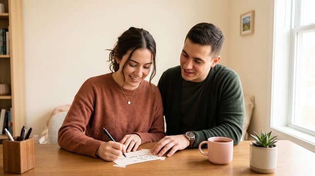 Couple writing a letter together showing support and community for breast cancer awareness campaigns