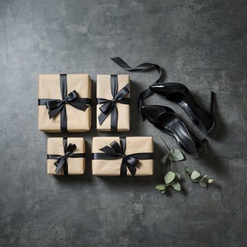 Four gift boxes with dark ribbon and winter foliage on gray background