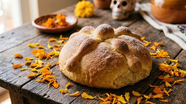 Traditional Mexican Pan de Muerto bread on a rustic wooden table. Day of the Dead celebration with scattered orange marigold petals