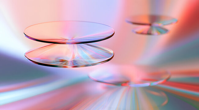 Clear glass discs hover above a chaotic, multicolored abstract backdrop. Geometric forms bend light, producing striking refracted lights and echoes. A sleek, modern minimalist design ideal for scienti