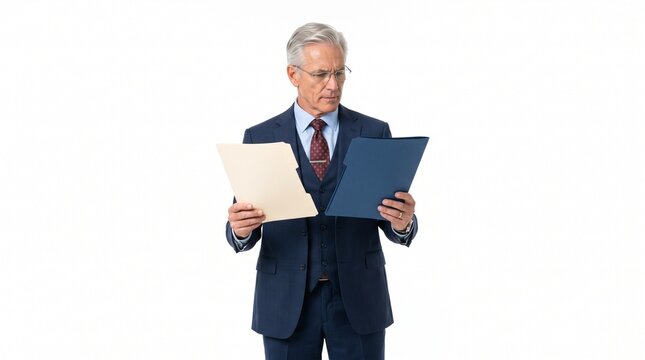Mature businessman in suit holding and comparing two folders with serious expression