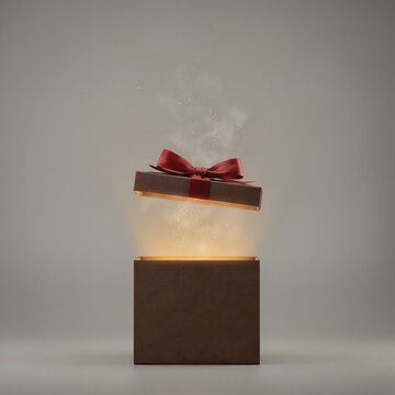 Open gift box with bright light emanating from within on a neutral background
