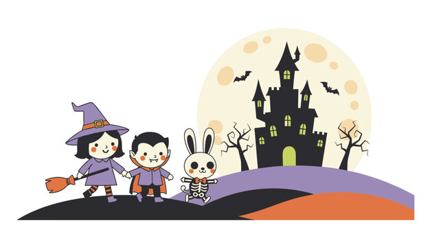 Happy kids in spooky costumes walking together during trick or treating on halloween night with haunted castle.