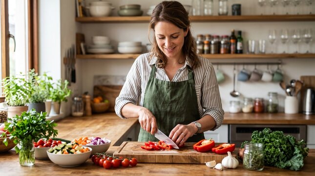 Woman happily chopping fresh red bell peppers on a wooden cutting board in a bright modern kitchen preparing a healthy meal