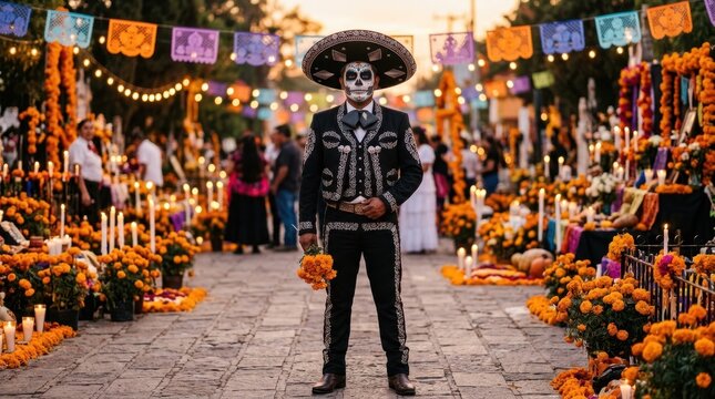 Man in traditional black charro suit and sombrero with sugar skull makeup holding marigold flowers. Mexican Dia de los Muertos street festival celebration at dusk
