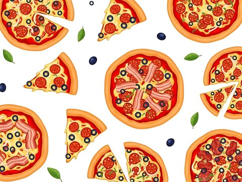 Delicious pizza slices with various toppings on white background with blueberries and basil