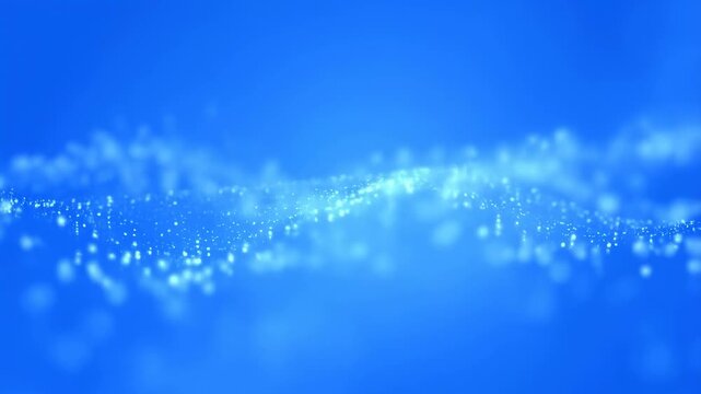 Blue particle wave flowing through an abstract digital light field. Technology presentation, digital title sequence, and science media.